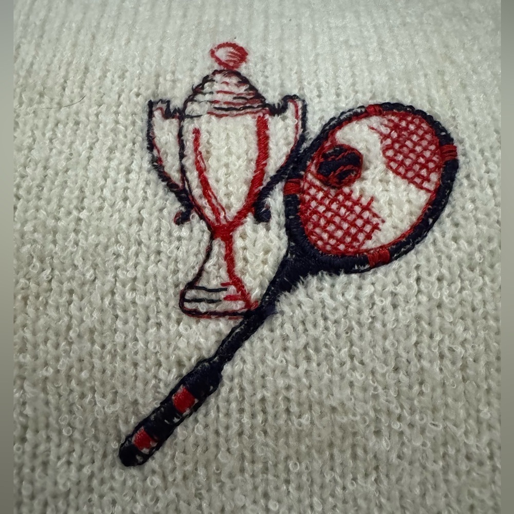 60s Tennis Trophy Preppy Vintage Cream Zip Up Cardigan Red & Blue Sportswear - Picture 11 of 13